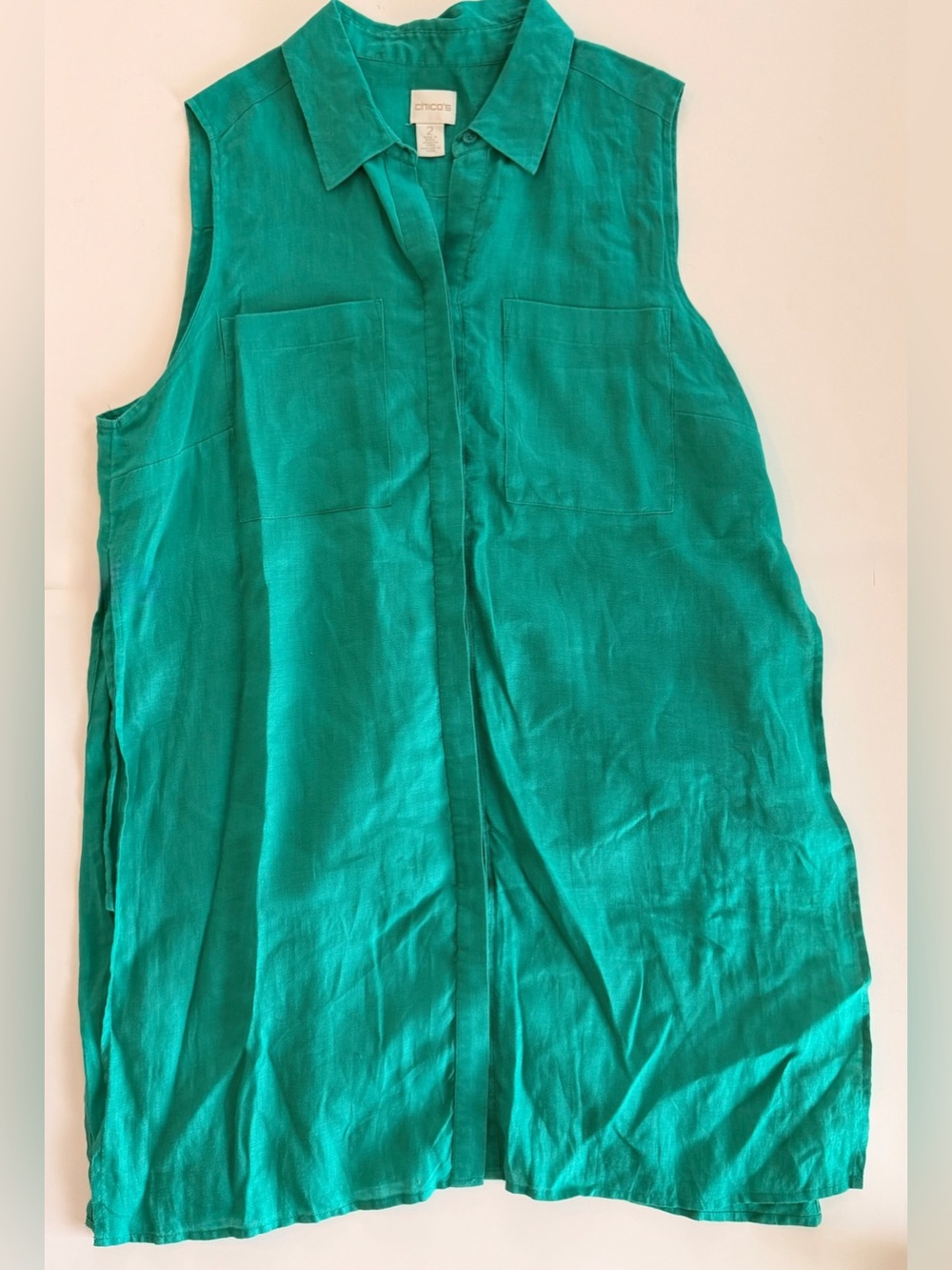 Chico's Sleeveless Collared Tunic in Teal Green 100% linen